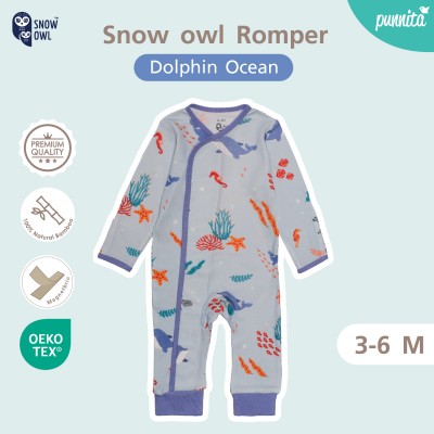 New Collection !! Snow owl Romper  เสื้อป้ายแบบแปะ ชุดหมี แขน-ขายาว 3-6 M - Dolphin Ocean  (วัสดุ ใยไผ่พรีเมี่ยม 100%)